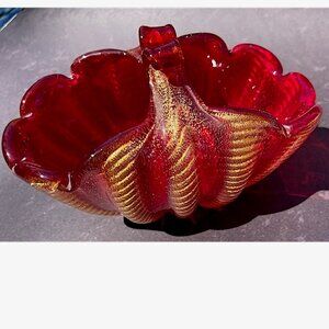 MURANO Red and Gold Fleck Basket Bowl in Sommerso by Seguso, 1960s